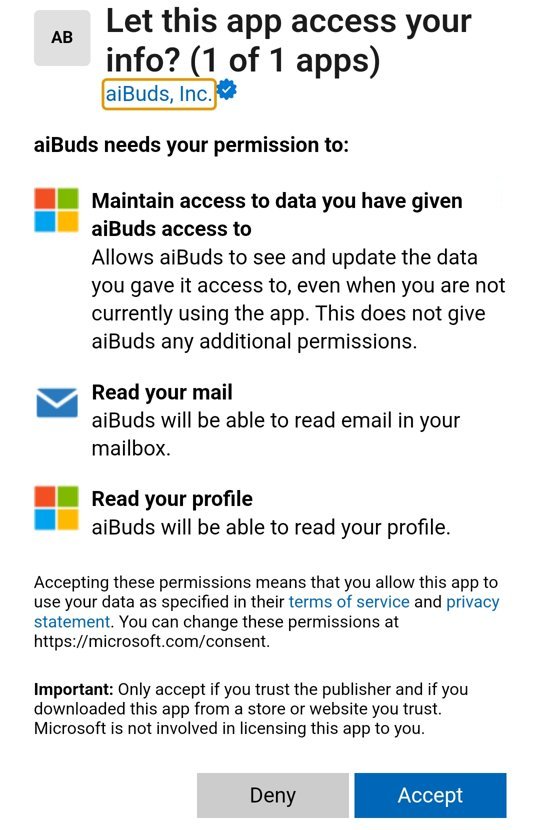 Microsoft's permission screen showing aiBuds, Inc. with a verified badge and the Accept button
